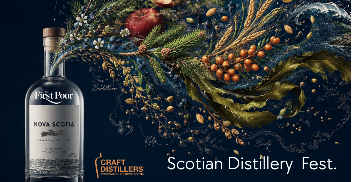 Scotian Distillery Fest artwork featuring a Nova Scotia spirits bottle surrounded by apples, juniper, berries, grain, and coastal botanicals.