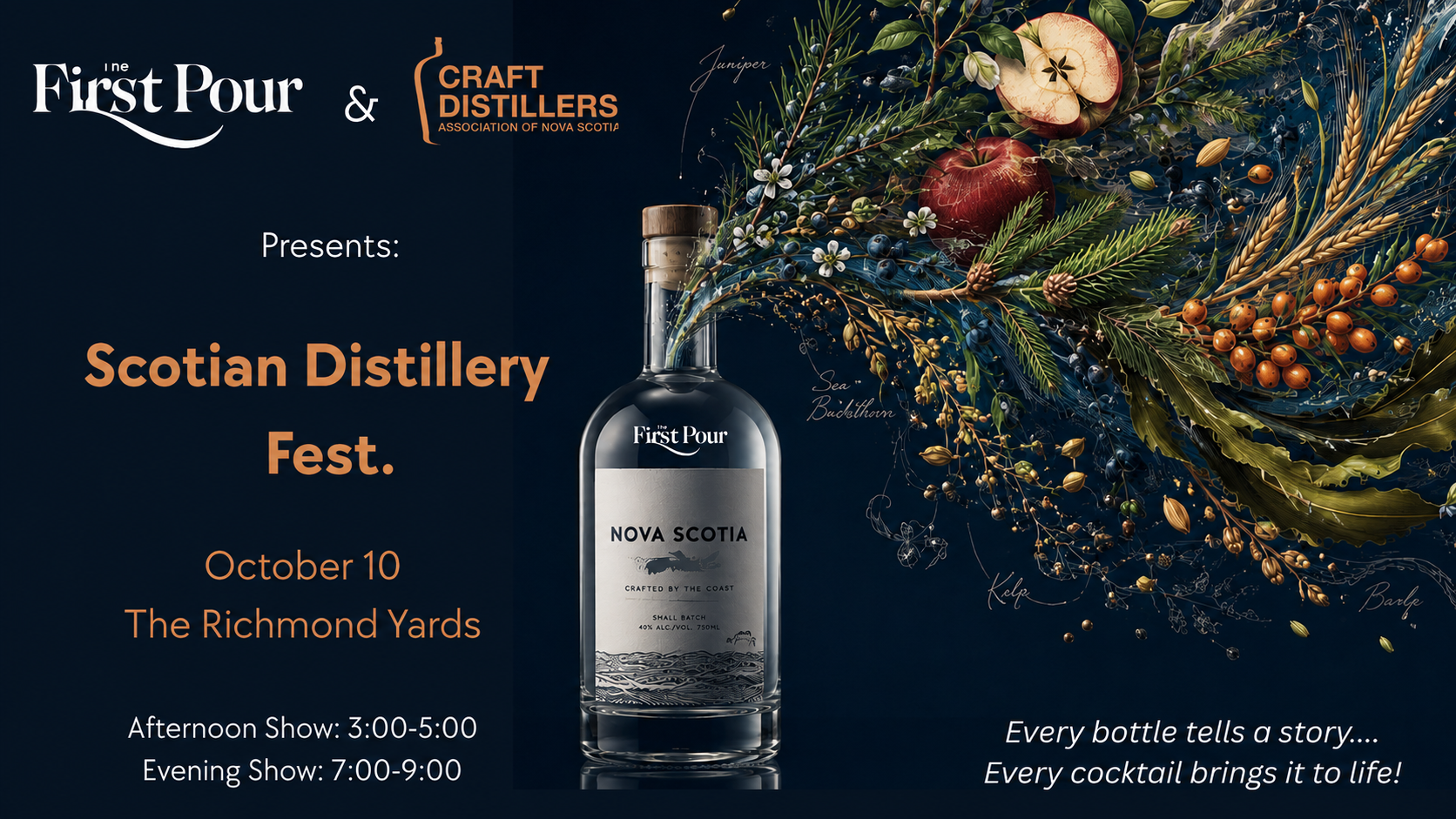 Scotian Distillery Fest artwork featuring a Nova Scotia spirits bottle surrounded by apples, juniper, berries, grain, and coastal botanicals.