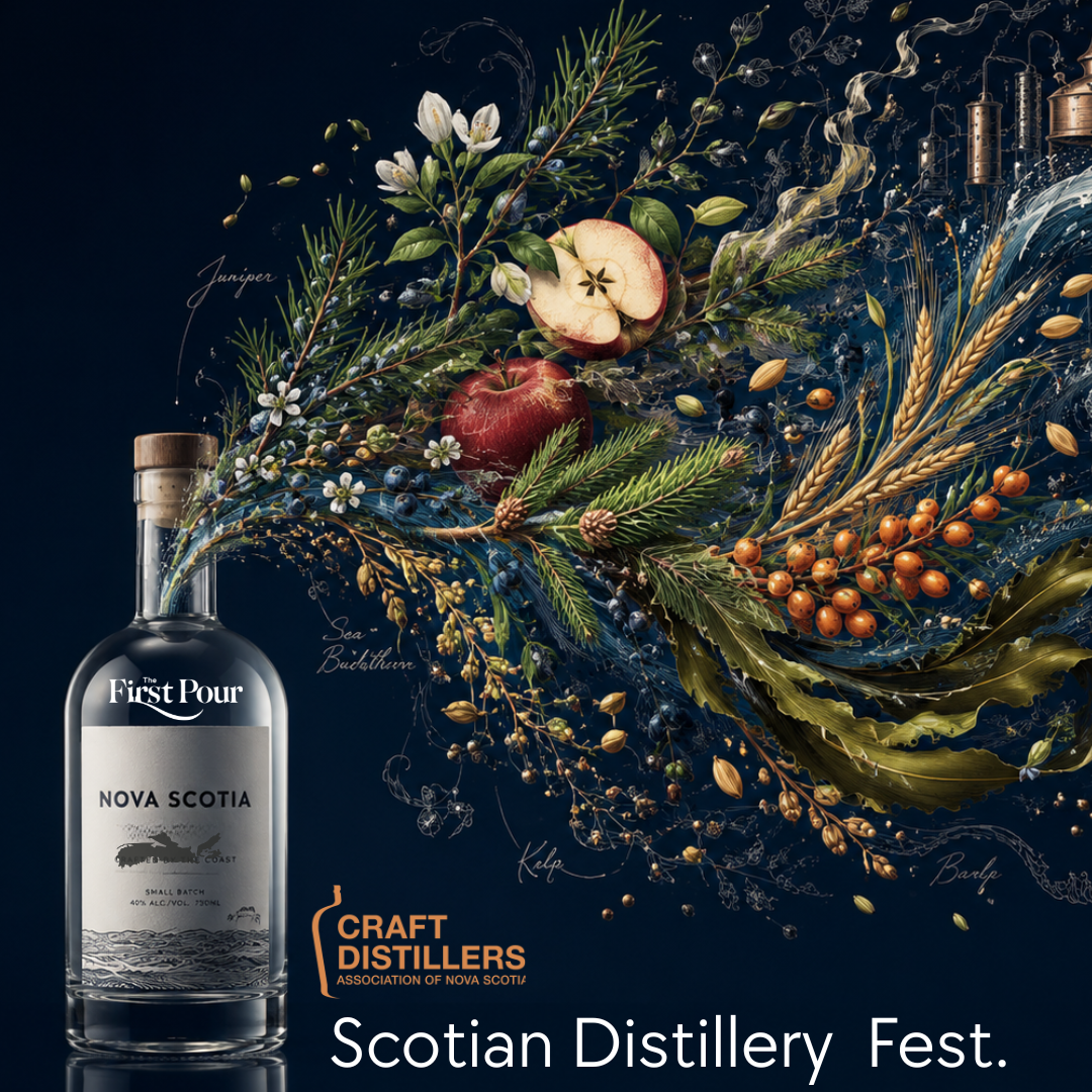 Scotian Distillery Fest square artwork with a Nova Scotia spirits bottle and coastal botanicals.