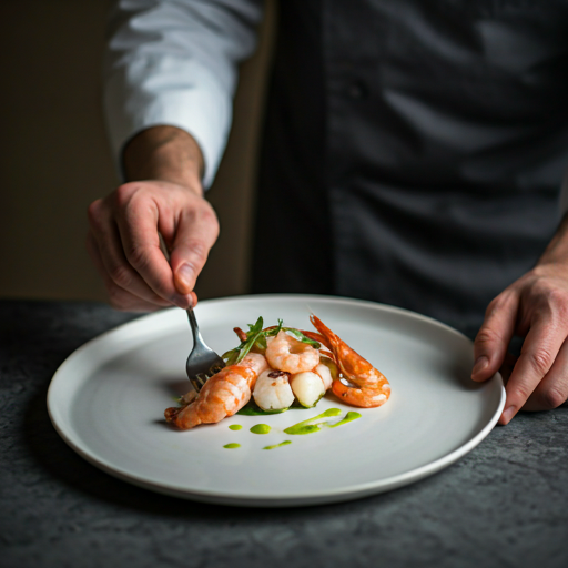 Chef plating a refined seafood course